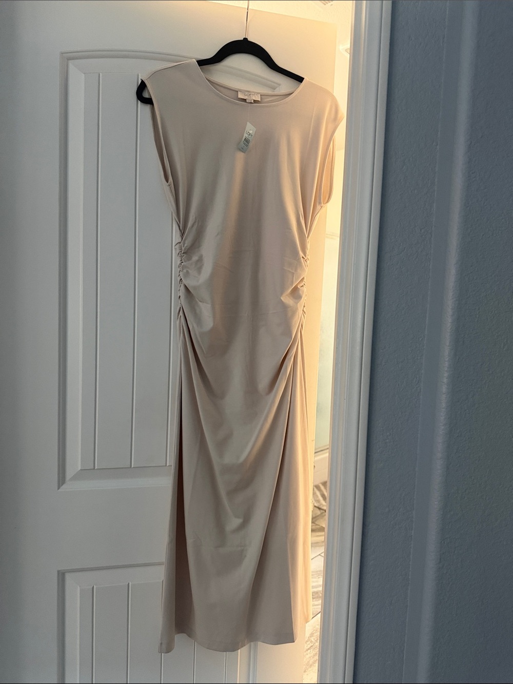LOFT Neutral Sleeveless Ruched Maxi Dress